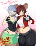  &gt;:) 2girls agawa_ryou amemiya_tamayo animal_ears artist_name bandaged_hands bare_shoulders belt borrowed_character brown_eyes brown_hair character_request choker commentary_request corset fingerless_gloves gloves green_eyes hair_over_one_eye heart jacket lips lipstick makeup midriff mouse_ears mouse_girl mouse_tail mouth_hold multicolored_hair multiple_girls navel original parted_lips short_hair smile tail two-tone_hair v watermark web_address 