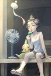  1girl brown_hair chimecho eating fan food fruit kikuyoshi_(tracco) pikachu pokemon pokemon_(creature) sandals sitting sweatdrop watermelon 