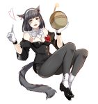  1girl :d animal_ears artist_request black_eyes black_hair bomb bowtie breasts cat_ears cat_tail cleavage detached_collar earrings facial_mark final_fantasy final_fantasy_xiv flower gloves grey_legwear jewelry leaf lips miqo&#039;te monocle nashu_mhakaracca npc open_mouth pantyhose red_rose rose short_hair simple_background smile solo tail white_background white_gloves 