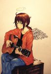  1girl acoustic_guitar angel_wings box brown_eyes brown_hair crossed_legs denim guitar haibane_renmei halo hoodie instrument jeans pants photo playing_instrument rakka sitting solo traditional_media twitter_username wings wooden_box yasu_(shijimi_8) 