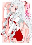  1girl ayakase_riberi barefoot bow fujiwara_no_mokou hair_bow long_hair raised_eyebrow red_eyes solo suspenders touhou very_long_hair white_hair 