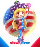  1girl america american_flag american_flag_legwear american_flag_shirt bangs blonde_hair blush_stickers character_name clownpiece e_neko flag_print full_moon hat jester_cap legacy_of_lunatic_kingdom long_hair mismatched_legwear moon open_mouth pantyhose pose red_eyes simple_background smile solo torch touhou very_long_hair white_background 