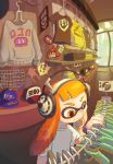  1girl artist_request baseball_cap clothes clothes_hanger domino_mask eyebrows hat headphones highres inkling mask orange_eyes orange_hair shop splatoon tentacle_hair thick_eyebrows 