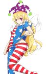  1girl american_flag blonde_hair blush_stickers clownpiece flag_print frilled_shirt_collar grin hat jester_cap long_hair pantyhose purple_hat simple_background sketch smile solo spisanji touhou violet_eyes white_background 