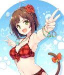  1girl animal_ears bell bikini blush bracelet breasts brown_hair cat_ears cat_tail cleavage double_v fang flower front-tie_top green_eyes hair_flower hair_ornament idolmaster idolmaster_cinderella_girls jewelry looking_at_viewer maekawa_miku navel necklace open_mouth red_bikini ribbon senji_(tegone_spike) short_hair smile solo swimsuit tail tail_bell tail_ribbon v 
