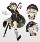  1672 1boy cape garters green_eyes grey_legwear hat highres hotarumaru kneehighs male_focus ootachi open_mouth salute shorts silver_hair smile sock_garters sword touken_ranbu weapon 