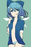  1girl :q blue_eyes blue_hair blue_panties bow cirno collarbone hair_bow highres ice ice_wings navel negiko no_bra open_clothes open_shirt panties shirt short_hair solo tongue tongue_out touhou underwear wings 