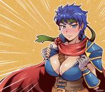 1girl akairiot blue_eyes blue_hair blush breasts cape cleavage cleavage_reach corset emphasis_lines eyebrows fire_emblem fire_emblem:_souen_no_kiseki full-face_blush genderswap handwraps headband ike large_breasts looking_at_viewer pauldrons short_hair solo 