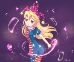  1girl america american_flag_shirt blonde_hair clownpiece fairy_wings fire flag_print frilled_shirt_collar hat jester_cap long_hair mismatched_legwear niromi pantyhose polka_dot purple_fire purple_hat smile solo star torch touhou violet_eyes wings 
