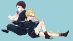  2boys atsushi_toushirou back-to-back bird black_hair blonde_hair blue_eyes chick chicken glasses grey_eyes hakata_toushirou ichinashi male_focus military military_uniform multiple_boys necktie red-framed_glasses shorts sitting touken_ranbu uniform 