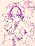  1girl aebj cure_twinkle dress earrings go!_princess_precure holding_legs jewelry long_hair looking_at_viewer monochrome precure sitting sketch smile tiara traditional_media twintails 