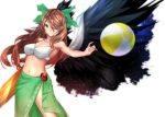  1girl ankh_(ankh_05) arm_cannon ball beachball bikini black_wings brown_hair cape hair_ornament hair_over_one_eye hair_ribbon highres long_hair looking_at_viewer midriff navel red_eyes reiuji_utsuho ribbon sarong simple_background smile solo swimsuit touhou weapon white_background wings 