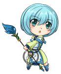  1girl aqua_eyes blackgeneride blue_hair chibi full_body gate_-_jieitai_ka_no_chi_nite_kaku_tatakaeri highres lelei_la_lalena robe signature simple_background solo staff white_background 