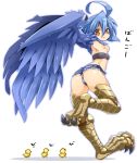  1girl ahoge ass bird blue_hair blue_wings chick denim denim_shorts feathered_wings following full_body harpy highres karukan_(monjya) monster_girl monster_musume_no_iru_nichijou navel orange_eyes papi_(monster_musume) scales shadow short_shorts shorts simple_background small_breasts solo talons translation_request white_background wings 