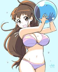  1girl ball beachball bikini bowieknife breasts brown_hair large_breasts long_hair open_mouth ponytail swimsuit taneshima_popura working!! 