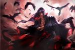  1boy artist_name black_hair cloak feathers forehead_protector jewelry konohagakure_symbol long_hair male_focus naruto necklace raven_(animal) red_eyes richy_truong ring solo uchiha_itachi 