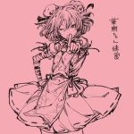  1girl bandages bun_cover chinese_clothes double_bun egawa_satsuki flower ibaraki_kasen monochrome one_eye_closed pointing pointing_at_viewer rose short_hair solo tabard touhou translation_request 