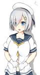  1girl blue_eyes blush breasts clothes_grab gloves hair_ornament hair_over_one_eye hairclip hamakaze_(kantai_collection) large_breasts looking_at_viewer open_mouth school_uniform serafuku short_hair silver_hair skirt solo white_gloves white_hair 