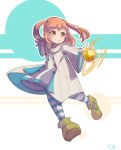  1girl aasjet brown_hair child hood looking_at_viewer magic puzzle_&amp;_dragons running smile solo striped striped_legwear twintails 