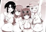  4girls ;d arm_up armpits bangs bikini blush breast_press breasts cleavage double_v frilled_bikini frills hair_ornament hairclip hat large_breasts leaning_forward looking_at_viewer monochrome multiple_girls navel one_eye_closed open_mouth original outdoors parted_bangs photo_(object) sideboob sketch smile string_bikini striped striped_bikini striped_swimsuit sunglasses sunglasses_on_head swimsuit tetsujin_momoko v wristband 