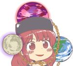  1girl bangs bare_shoulders black_shirt blush dot_nose earth_(ornament) gold_chain gyate_gyate hecatia_lapislazuli ikiyouz lowres moon_(ornament) open_mouth red_eyes redhead shirt simple_background smile solo touhou white_background 