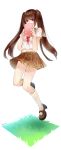  1girl absurdres background book brown_hair covering_mouth heart heart_background highres jumping long_hair maingl original school_uniform solo twintails violet_eyes 