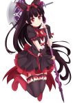  1girl black_hair boots chrisandita finger_to_mouth full_body gate_-_jieitai_ka_no_chi_nite_kaku_tatakaeri gothic_lolita halberd highres lolita_fashion long_hair polearm red_boots red_eyes rory_mercury simple_background small_breasts smile solo thigh-highs very_long_hair weapon white_background wrist_cuffs 