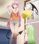  2girls ahoge blush blush_stickers celine child demon_tail flower flower_on_head frown green_eyes green_hair hair_dryer lala_satalin_deviluke long_hair peke pink_hair school_uniform screencap shorts stitched tail to_love-ru to_love-ru_darkness 