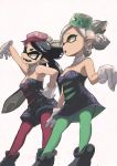  2girls aori_(splatoon) dress fangs food food_on_head highres horikoshi_kouhei hotaru_(splatoon) long_hair mask mole mole_under_eye multiple_girls object_on_head pantyhose pointy_ears splatoon tentacle_hair 