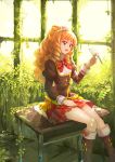  1girl :d aikatsu! bird boots broken_glass drill_hair glass highres himesato_maria koruse long_hair open_mouth orange_hair overgrown ruins school_desk sitting smile solo tree_shade twin_drills violet_eyes 