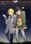  2boys asuka_ryou black_eyes black_hair blonde_hair blue_eyes blush coat devilman eyebrows fudou_akira hand_in_pocket holding_hands jacket multiple_boys short_hair turtleneck yaoi 