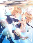 1boy 1girl ;o absurdres blonde_hair blue_eyes bow bubble fang hand_on_another&#039;s_cheek hand_on_another&#039;s_face highres kagamine_len kagamine_rin one_eye_closed pirumjuice siblings smile underwater vocaloid 
