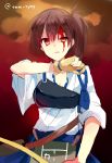  1girl blood blood_on_face bow_(weapon) brown_eyes brown_hair gloves half-closed_eye japanese_clothes kaga_(kantai_collection) kantai_collection muneate open_mouth side_ponytail solo tanuma_(tyny) weapon 
