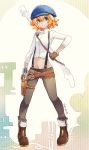  1girl artist_name blonde_hair blue_eyes boots brown_gloves cabbie_hat call_(red_ash) crop_top dark_skin full_body gloves gun handgun hat holster midriff multiple_belts navel pants pigeon-toed pistol red_ash short_hair small_breasts smile solo suspenders weapon yamo 