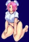  1girl bangs barefoot blue_eyes borrowed_character breasts gym_uniform hair_over_one_eye highres kneeling large_breasts looking_at_viewer midriff nanashi_mushi one_eye_covered original pink_hair plump pointy_ears short_hair smile solo squatting 