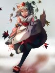  1girl animal_ears autumn_leaves detached_sleeves geta hat hat_ribbon highres hizagawa_rau inubashiri_momiji long_sleeves looking_at_viewer open_mouth red_eyes ribbon shirt silver_hair skirt solo tail tokin_hat touhou wide_sleeves wolf_ears wolf_tail 