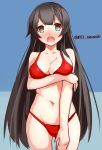  1girl agano_(kantai_collection) bikini black_hair breasts fang green_eyes kantai_collection long_hair standing swimsuit takanashie 