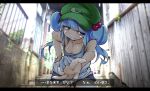  1girl blue_eyes blue_hair collarbone flanvia hair_bobbles hair_ornament hat highres kawashiro_nitori outstretched_hand solo sweat tank_top touhou twintails 