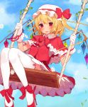  1girl blonde_hair blush bow capelet dress flandre_scarlet flower frills gloves hat hat_bow high_heels highres looking_at_another misoni_comi mob_cap red_dress red_eyes shoe_bow shoes side_ponytail solo swing thigh-highs third_eye touhou vines white_gloves white_legwear wings 