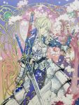  1girl ahoge armor armored_dress blonde_hair cherry_blossoms clamp dress excalibur fate/stay_night fate_(series) gauntlets green_eyes hair_ribbon half-closed_eyes highres puffy_sleeves ribbon saber scabbard scan sheath solo sword torn_clothes tree weapon 