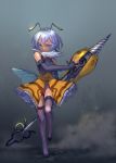  1girl antennae blue_eyes blue_hair bowtie dress monster_girl mooopl original short_hair skirt solo thigh-highs weapon wings 
