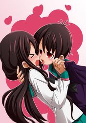  &gt;_&lt; 2girls a_channel black_hair blush brown_hair closed_eyes highres ichii_tooru incipient_kiss interlocked_fingers long_hair multiple_girls nishi_yuuko open_mouth red_eyes school_uniform serafuku short_hair sleeves_past_wrists tongue tongue_out yas_siroglasses yuri 