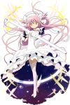  1girl bow dress gloves goddess_madoka hair_bow hair_ribbon jewelry kaname_madoka light_bulb light_rays long_hair magical_girl mahou_shoujo_madoka_magica official_art pink_hair ribbon ring shoes solo starry_sky_print thigh-highs transparent_background twintails two_side_up white_dress winged_shoes wings yellow_eyes 