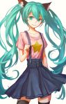  1girl animal_ears aqua_eyes aqua_hair cat_ears hatsune_miku long_hair looking_at_viewer simple_background skirt smile solo star suspenders thigh-highs twintails very_long_hair vocaloid white_background 