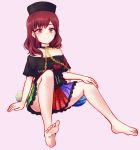  1girl bare_shoulders barefoot chain hat hecatia_lapislazuli long_hair pink_background red_eyes redhead shirt simple_background sitting skirt smile solo touhou uranaishi_(miraura) 