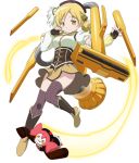  1girl beret blonde_hair boots brown_legwear charlotte_(madoka_magica) corset detached_sleeves drill_hair fingerless_gloves gloves hair_ornament hairpin hat magical_girl mahou_shoujo_madoka_magica mahou_shoujo_madoka_magica_movie official_art pleated_skirt puffy_sleeves skirt smile solo striped striped_legwear thigh-highs tomoe_mami twin_drills twintails vacuum_cleaner vertical-striped_legwear vertical_stripes yellow_eyes 