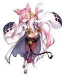  1girl animal_ears bell blazblue candy cat_ears cat_tail glasses keg kokonoe lollipop long_hair looking_at_viewer multiple_tails pince-nez pink_eyes pink_hair solo tail very_long_hair white_background 