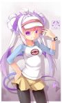  1girl breasts cosplay hand_on_hip horns mei_(pokemon) mei_(pokemon)_(cosplay) original poke_ball pokemon pokemon_(game) pokemon_bw2 purple_hair saru skirt smile tail violet_eyes 