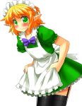  1girl alternate_costume apron bent_over black_legwear blonde_hair blush bow dress enmaided garter_straps green_dress green_eyes highres maid maid_apron maid_headdress mizuhashi_parsee mono_(moiky) pointy_ears puffy_short_sleeves puffy_sleeves short_sleeves solo thigh-highs touhou wavy_mouth zettai_ryouiki 