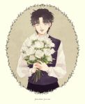 1boy black_hair character_name flower frame holding holding_flower jojo_no_kimyou_na_bouken jonathan_joestar marimocham rose solo upper_body vest white_rose 